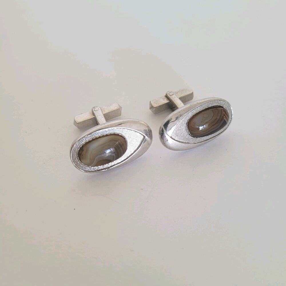 Silver Brown Tone Cufflinks Vintage Oval Retro Agate Unbranded Quality